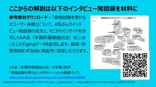 ここからの解説は以下のインタビュー発話録を材料に
97
参考教材ダウンロード︓「資格試験を受ける
のユーザー体験」について、4名ぶんのインタ
ビュー発話録の全⽂と、そこからインサイトを分
析したKA法（本質的価値抽出法）をじっさ
いにしたFigmaデータを配布します。商⽤・⾮
商⽤問わず⾃由に再配布・改変いただけます。
KA法（本質的価値抽出法）の⼿順と実例
「資格試験を受ける⼈のモチベーションの価値マップ」
https://www.figma.com/community/file/1142124393231568930
この教材の作成にあたりFigma公式アンバサダーの キャシさん（ @UIAlchemist ） にFigmaの使いかたのアドバイスをいただきました。ありがとうございます︕
 