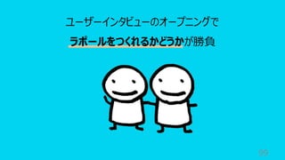 99
ユーザーインタビューのオープニングで
ラポールをつくれるかどうかが勝負
 