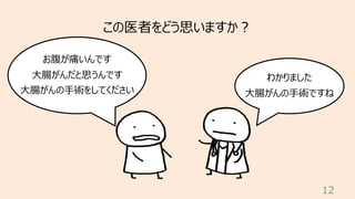 12
お腹が痛いんです
⼤腸がんだと思うんです
⼤腸がんの⼿術をしてください
わかりました
⼤腸がんの⼿術ですね
この医者をどう思いますか︖
 