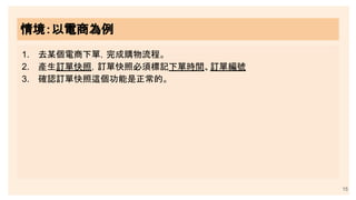 情境：以電商為例
1. 去某個電商下單，完成購物流程。
2. 產生訂單快照，訂單快照必須標記下單時間、訂單編號
3. 確認訂單快照這個功能是正常的。
15
 