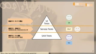 21
source: https://martinfowler.com/articles/practical-test-pyramid.html
事前預防，符合 規格
無法 確認 是否滿足 需求
事後發現，確立符合需求
事前預防 + 事後發現
確保異質功能、異質系統交互正常
Dev
QA
Who?
 
