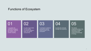 Functions of Ecosystem
It regulates the
essential ecological
processes, supports
life systems and
renders stability.
01
It is also responsible
for the cycling
of nutrients between
biotic and abiotic
components.
02
It maintains a balance
among the various
trophic levels in the
ecosystem.
03
It cycles the minerals
through the biosphere.
04
The abiotic
components help in the
synthesis of organic
components that
involve the exchange
of energy.
05
 