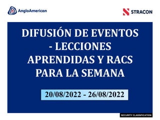 1
SECURITY CLASSIFICATION
DIFUSIÓN DE EVENTOS
- LECCIONES
APRENDIDAS Y RACS
PARA LA SEMANA
20/08/2022 - 26/08/2022
 