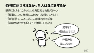 恐怖に耐えられなかった⼈はなにをするか
107
恐怖に耐えられなかった⼈の典型的な失敗パターン︓
• 「縦軸に...を、横軸に...をひいて整理してみよう」
• 「ぱっと⾒て、...と...と...に分類できそうだね」
• 「AIDMAやタッチポイントで分類してみよう」
効率よく
結論を出すには
枠組みを
先につくろう︕
 