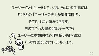 20
ユーザーインタビューをして、いま、あなたの⼿元には
たくさんの 「ユーザーの声」 が集まりました。
そこで、はたと気がつきます。
ものすごい⼤量の発話データから
ユーザーの本質的な⼼理を拾いあげるには
どうすればよいのでしょうか。はて。
 