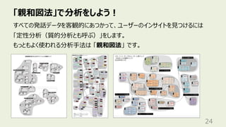 「親和図法」で分析をしよう︕
24
すべての発話データを客観的にあつかって、ユーザーのインサイトを⾒つけるには
「定性分析（質的分析とも呼ぶ）」をします。
もっともよく使われる分析⼿法は 「親和図法」 です。
 