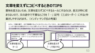 ⽂章を変えずにコピペするときのTIPS
53
意味を変えないため、⽂章を変えずコピペするルールにするのとき、⻑⽂が枠に収
まらないので、⽂の途中で不要なところを 「…」 記号（三点リーダー）にすると作
業がしやすくなります。（インディ・ヤング⽒の考案）
何もこれまでの実績がないと…そこを⽬指すのは、
ちょっといきなりモチベーション的に持たないんじゃない
か
⽂章を整えた
ケース
⽂章を変えず
「…」で短くする
 