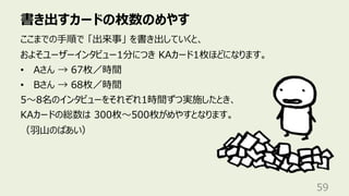 書き出すカードの枚数のめやす
59
ここまでの⼿順で 「出来事」 を書き出していくと、
およそユーザーインタビュー1分につき KAカード1枚ほどになります。
• Aさん → 67枚／時間
• Bさん → 68枚／時間
5〜8名のインタビューをそれぞれ1時間ずつ実施したとき、
KAカードの総数は 300枚〜500枚がめやすとなります。
（⽻⼭のばあい）
 