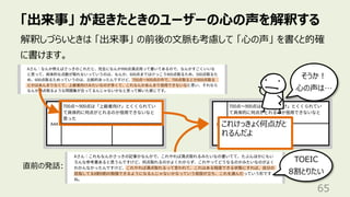「出来事」 が起きたときのユーザーの⼼の声を解釈する
65
解釈しづらいときは 「出来事」 の前後の⽂脈も考慮して 「⼼の声」 を書くと的確
に書けます。
そうか︕
⼼の声は…
TOEIC
8割とりたい
直前の発話:
これけっきょく何点がと
れるんだよ
 