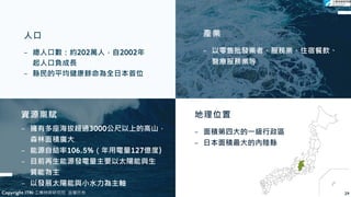 人口
− 總人口數：約202萬人，自2002年
起人口負成長
− 縣民的平均健康餘命為全日本首位
資源稟賦
− 擁有多座海拔超過3000公尺以上的高山，
森林面積廣大
− 能源自給率106.5%（年用電量127億度)
− 目前再生能源發電量主要以太陽能與生
質能為主
− 以發展太陽能與小水力為主軸
產業
− 以零售批發業者、服務業、住宿餐飲、
醫療服務業等
地理位置
− 面積第四大的一級行政區
− 日本面積最大的內陸縣
29
Copyright ITRI 工業技術研究院 版權所有
 
