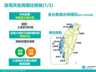 Copyright ITRI 工業技術研究院 版權所有 6
漁電共生與環社檢核(1/2)
全台魚塭分布現況(約43,000公頃)
優先推動
環境
議題
中央政策
地面型太陽光電
促進土地多元與加值利用
漁電共生
社會
議題
原則：
土地多元利用
推動時潛在議題
以漁電共生環社檢核
細緻處理
 