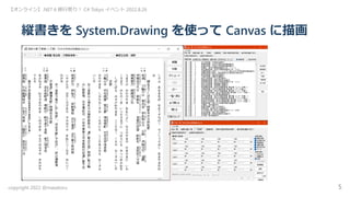 縦書きを System.Drawing を使って Canvas に描画
【オンライン】.NET 6 移行祭り！ C# Tokyo イベント 2022.8.26
copyright 2022 @masatoru 5
 
