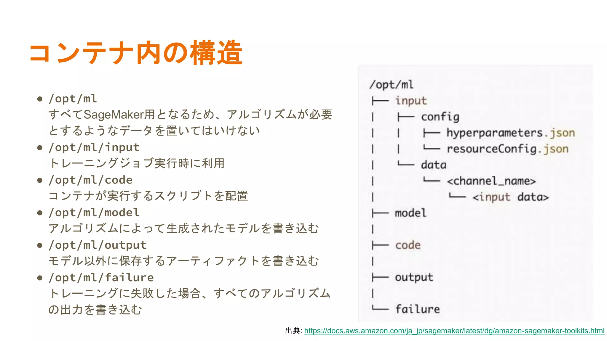 コンテナ内の構造
● /opt/ml
すべてSageMaker用となるため、アルゴリズムが必要
とするようなデータを置いてはいけない
● /opt/ml/input
トレーニングジョブ実行時に利用
● /opt/ml/code
コンテナが実行するスクリプトを配置
● /opt/ml/model
アルゴリズムによって生成されたモデルを書き込む
● /opt/ml/output
モデル以外に保存するアーティファクトを書き込む
● /opt/ml/failure
トレーニングに失敗した場合、すべてのアルゴリズム
の出力を書き込む
出典: https://docs.aws.amazon.com/ja_jp/sagemaker/latest/dg/amazon-sagemaker-toolkits.html
 