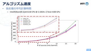• 各反復の平均計算時間
– Intel(R)Xeon(R) Gold 6130 CPU @ 2.10GHz とTesla V100 GPU
13
アルゴリズム速度
 