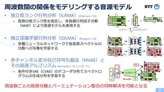 • 独立低ランク行列分析（ILRMA）[Kitamura+’16]
– 音源の低ランク性を仮定し、非負値行列因子分解
（NMF）により音源モデルを表現する
• 独立深層学習行列分析（IDLMA）[Mogami+’18]
– 多層ニューラルネットワークで各音源スペクトルの
分散への写像を学習する
• 多チャンネル変分自己符号化器法（MVAE）と
その高速アルゴリズム [Kameoka+’18, Li+’20, ’21]
– 条件付きVAE（CVAE）のデコーダ分布でスペクトロ
グラムの生成分布を学習する
6
周波数間の関係をモデリングする音源モデル
Time
Frequency
Basis
Frequency
Basis
Time
Frequency
Time
Frequency
Decoder
Frequency
Time
Time
Frequency
Frequency
Time
Frequency
Time
周波数ごとの音源分離とパーミュテーション整合の同時解決を可能となる
 