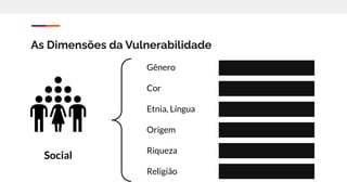 Social
As Dimensões da Vulnerabilidade
Gênero
Cor
Etnia, Língua
Origem
Riqueza
Religião
?
?
?
?
?
?
 
