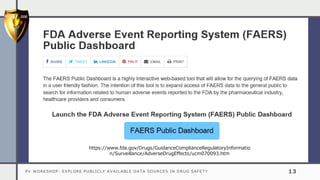 PV WORKSHOP: EXPLORE PUBLICLY AVAILABLE DATA SOURCES IN DRUG SAFETY 13
https://www.fda.gov/Drugs/GuidanceComplianceRegulatoryInformatio
n/Surveillance/AdverseDrugEffects/ucm070093.htm
 