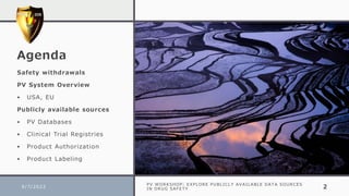 Agenda
Safety withdrawals
PV System Overview
• USA, EU
Publicly available sources
• PV Databases
• Clinical Trial Registries
• Product Authorization
• Product Labeling
9/7/2022
PV WORKSHOP: EXPLORE PUBLICLY AVAILABLE DATA SOURCES
IN DRUG SAFETY 2
 