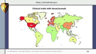 PV WORKSHOP: EXPLORE PUBLICLY AVAILABLE DATA SOURCES IN DRUG SAFETY 20
https://clinicaltrials.gov/
Clinical trails with bevacizumab
 