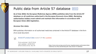 PV WORKSHOP: EXPLORE PUBLICLY AVAILABLE DATA SOURCES IN DRUG SAFETY 27
https://www.ema.europa.eu/en/human-regulatory/post-authorisation/data-
medicines-iso-idmp-standards/public-data-article-57-database
 