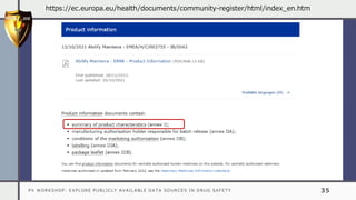 PV WORKSHOP: EXPLORE PUBLICLY AVAILABLE DATA SOURCES IN DRUG SAFETY 35
https://ec.europa.eu/health/documents/community-register/html/index_en.htm
 