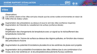 SIXIÈME RAPPORT D’ÉVALUATION
Groupe de travail I – Les bases scientifiques physiques
Villes
Observations
Les centres urbains et les villes sont plus chauds que les zones rurales environnantes en raison de
l'effet d'îlot de chaleur urbain.
Augmentation des précipitations au-dessus et sous le vent des villes (confiance moyenne)
Augmentation de l'intensité du ruissellement de surface (confiance élevée)
Projections
Amplification des changements de température avec un signal sur le réchauffement des
températures nocturnes
Augmentation de l'ozone de surface au-dessus des régions polluées, en fonction des niveaux
des précurseurs d'ozone
Augmentation du potentiel d’inondations pluviales là où les extrêmes de pluies sont projetés
Augmentation de la probabilité d’inondations des villes côtières due à une combinaison d’un
niveau de la mer extrêmes et et de précipitations/écoulements fluviaux extrêmes
 