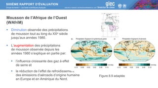 SIXIÈME RAPPORT D’ÉVALUATION
Groupe de travail I – Les bases scientifiques physiques
Mousson de l’Afrique de l’Ouest
(WAfriM)
▪ Diminution observée des précipitations
de mousson tout au long du XXe siècle
jusqu’aux années 1980.
▪ L’augmentation des précipitations
de mousson observée depuis les
années 1980 s’explique en partie par:
▪ l’influence croissante des gaz à effet
de serre et
▪ la réduction de l’effet de refroidissement
des émissions d’aérosols d’origine humaine
en Europe et en Amérique du Nord.
Figure 8.9 adaptée
 