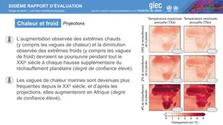 SIXIÈME RAPPORT D’ÉVALUATION
Groupe de travail I – Les bases scientifiques physiques
L’augmentation observée des extrêmes chauds
(y compris les vagues de chaleur) et la diminution
observée des extrêmes froids (y compris les vagues
de froid) devraient se poursuivre pendant tout le
XXIe siècle à chaque hausse supplémentaire du
réchauffement planétaire (degré de confiance élevé).
Les vagues de chaleur marines sont devenues plus
fréquentes depuis le XXe siècle, et d’après les
projections, elles augmenteront en Afrique (degré
de confiance élevé).
Chaleur et froid Projections
 