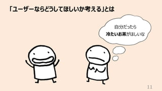 「ユーザーならどうしてほしいか考える」とは
11
⾃分だったら
冷たいお茶がほしいな
 