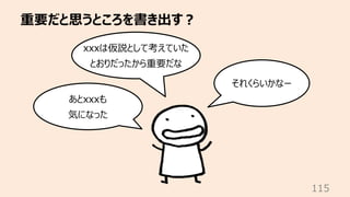 重要だと思うところを書き出す︖
115
あとxxxも
気になった
xxxは仮説として考えていた
とおりだったから重要だな
それくらいかなー
 
