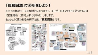 「親和図法」で分析をしよう︕
118
すべての発話データを客観的にあつかって、ユーザーのインサイトを⾒つけるには
「定性分析（質的分析とも呼ぶ）」をします。
もっともよく使われる分析⼿法は 「親和図法」 です。
 