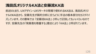浅⽥⽒オリジナルKA法と安藤流KA法
126
前述のとおり、UXデザイン・UXリサーチの現場で使われるKA法は、浅⽥⽒オリジ
ナルのKA法から、安藤先⽣が質的分析に合うように⼿法の根本部分をカスタマイ
ズしています。その意味では 「安藤流KA法」 と呼んで区別してもいいくらいなので
すが、安藤先⽣の「発案者を尊重する」意志により 「KA法」 と呼ばれています。
 