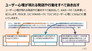 ユーザー⼼理が現れる発話や⾏動をすべて抜き出す
140
ユーザー⼼理が現れる発話や⾏動をすべて抜き出して、KAカードの 「出来事」 に
記⼊します。そのとき、ひとつのKAカードに 「ひとつのユーザー⼼理」 になるように書
いていきます。
何も実績がない状態で、いきなり⾼
難易度の資格を⽬指すのは、モチ
ベーションがもたないような気がする
最終⽬標はやっぱりTOEFLや、
しっかり話せる状態を作りたい
洋画を観たときに英語を聞きと
れるようになりたい
 