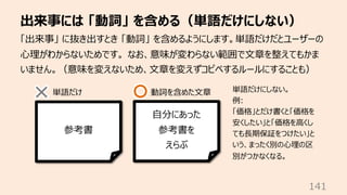出来事には 「動詞」 を含める（単語だけにしない）
141
「出来事」 に抜き出すとき 「動詞」 を含めるようにします。単語だけだとユーザーの
⼼理がわからないためです。 なお、意味が変わらない範囲で⽂章を整えてもかま
いません。（意味を変えな...