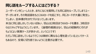 同じ話をループする⼈にはどうする︖
149
ユーザーインタビューしたとき、まれになにを質問しても同じ話をループしてしまうユー
ザーがいます。その発話録をもとにKAカードを起こすと、同じカードが⼤量に発⽣し
てしまい、全体像がわかりづらくなってしまいます。
本当に同じ話しかしていないばあい、⽻⼭は2枚⽬までKAカードを書き、3枚⽬か
らはスキップするようにしています。（論理的根拠はなく、⽻⼭の経験的にそれが
ちょうどよい実務ケースが多かった、ということです）
ただし「同じ話をしているようでじつは微妙に異なる⼼理を語っている」というケース
もあるので、安易に切り捨てないように注意が必要です。
 