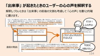 「出来事」 が起きたときのユーザーの⼼の声を解釈する
154
解釈しづらいときは 「出来事」 の前後の⽂脈も考慮して 「⼼の声」 を書くと的確
に書けます。
そうか︕
⼼の声は…
TOEIC
8割とりたい
直前の発話:
これけっきょく何点がと
れるんだよ
 