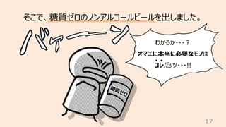 17
そこで、糖質ゼロのノンアルコールビールを出しました。
わかるか・・・︖
オマエに本当に必要なモノは
コレだッツ・・・!!
糖質ゼロ
 