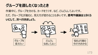 グループを直したくなったとき
173
作業中に、グループを分ける、カードをうつす、など、どんどんしてよいです。
ただ、グループ化が進むと、⾒え⽅が変わることも多いです。思考や議論は1分くら
いにして、次へ⾏きましょう。
グループを
変えたい
ど...
