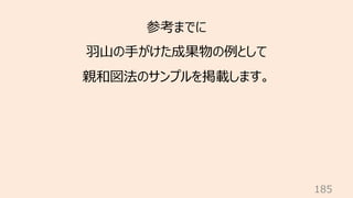 185
参考までに
⽻⼭の⼿がけた成果物の例として
親和図法のサンプルを掲載します。
 
