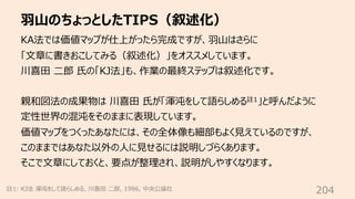⽻⼭のちょっとしたTIPS（叙述化）
204
KA法では価値マップが仕上がったら完成ですが、⽻⼭はさらに
「⽂章に書きおこしてみる（叙述化）」をオススメしています。
川喜⽥ ⼆郎 ⽒の「KJ法」も、作業の最終ステップは叙述化です。
親和図法の成果物は 川喜⽥ ⽒が「渾沌をして語らしめる註1」と呼んだように
定性世界の混沌をそのままに表現しています。
価値マップをつくったあなたには、その全体像も細部もよく⾒えているのですが、
このままではあなた以外の⼈に⾒せるには説明しづらくあります。
そこで⽂章にしておくと、要点が整理され、説明がしやすくなります。
註1: KJ法 渾沌をして語らしめる, 川喜⽥ ⼆郎, 1986, 中央公論社
 