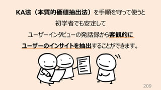 209
KA法（本質的価値抽出法）を⼿順を守って使うと
初学者でも安定して
ユーザーインタビューの発話録から客観的に
ユーザーのインサイトを抽出することができます。
 