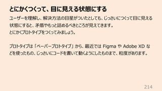 とにかくつくって、⽬に⾒える状態にする
214
ユーザーを理解し、解決⽅法の⽬星がついたとしても、じっさいにつくって⽬に⾒える
状態にすると、⽭盾やもっと詰めるべきところが⾒えてきます。
とにかくプロトタイプをつくってみましょう。
プロトタイプ...