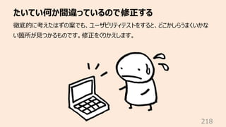 たいてい何か間違っているので修正する
218
徹底的に考えたはずの案でも、ユーザビリティテストをすると、どこかしらうまくいかな
い箇所が⾒つかるものです。修正をくりかえします。
 