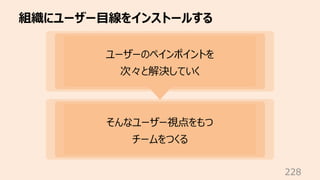 組織にユーザー⽬線をインストールする
228
ユーザーのペインポイントを
次々と解決していく
そんなユーザー視点をもつ
チームをつくる
 