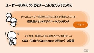 ユーザー視点の⽂化をチームにもたらすために
230
チームにユーザー視点が⽂化になるまで伴⾛してくれる
経験豊かなUXデザイナーのメンタリング
半年〜
できれば、経営レベルに盛り込むことが好ましい
CXO（Chief eXperience Of...