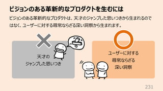 ビジョンのある⾰新的なプロダクトを⽣むには
231
ビジョンのある⾰新的なプロダクトは、天才のジャンプした思いつきから⽣まれるので
はなく、ユーザーに対する尋常ならざる深い洞察から⽣まれます。
天才の
ジャンプした思いつき
ユーザーに対する
尋常ならざる
深い洞察
 