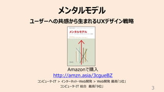 3
メンタルモデル
ユーザーへの共感から⽣まれるUXデザイン戦略
Amazonで購⼊
http://amzn.asia/3cgueBZ
コンピュータ・IT > インターネット・Web開発 > Web開発 最⾼「1位」
コンピュータ・IT 総合 最⾼「9位」
 