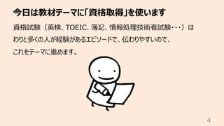 今⽇は教材テーマに「資格取得」を使います
4
資格試験（英検、TOEIC、簿記、情報処理技術者試験・・・）は
わりと多くの⼈が経験があるエピソードで、伝わりやすいので、
これをテーマに進めます。
 