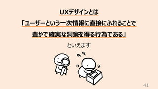 41
UXデザインとは
「ユーザーという⼀次情報に直接にふれることで
豊かで確実な洞察を得る⾏為である」
といえます
 