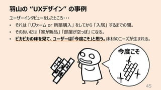 ⽻⼭の “UXデザイン” の事例
45
ユーザーインタビューをしたところ・・・
• それは 「リフォーム or 新築購⼊」 をしてから 「⼊居」 するまでの間。
• そのあいだは 「家が新品」 「部屋が空っぽ」 になる。
• ピカピカの床を⾒て、ユーザーは「今度こそ」と思う。床材のニーズが⽣まれる。
今度こそ
 